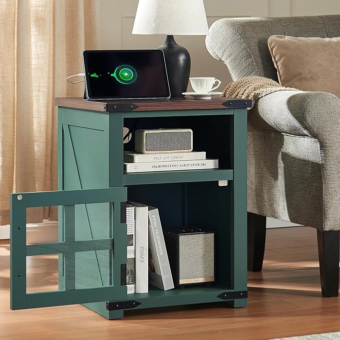 Farmhouse Nightstand with Charging Station, Rustic End Table with Tempered - Image 4