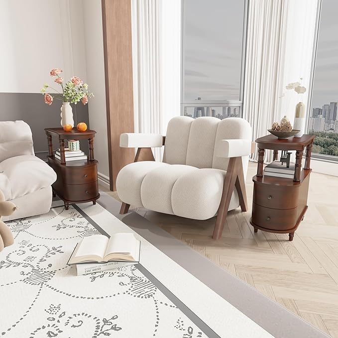 Wood End Table with 2 Drawers and Storage Shelf, Narrow Sofa Side Table - Image 5
