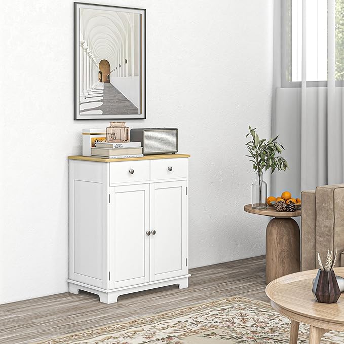 HOMCOM Sideboard with Solid Wood Countertop, Modern Kitchen Storage Cabinet - Image 2