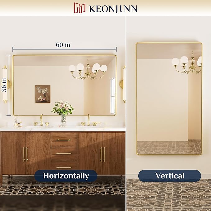Keonjinn Gold Mirrors for Wall, 60” x 36” Large Brushed Brass Bathroom Mirrors - Image 7