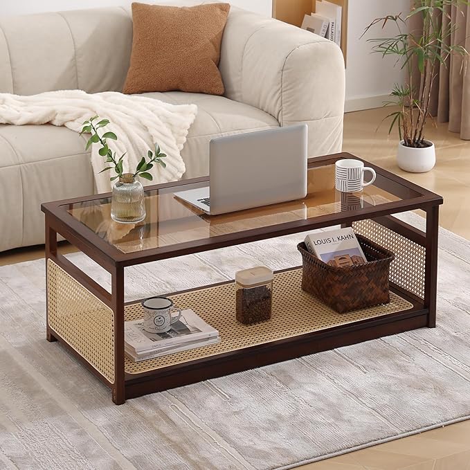 Welnow Rattan Coffee Tables for Living Room, Modern 2-Tier Coffee Table - Image 2