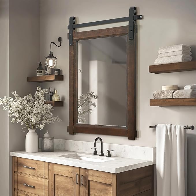 Farmhouse Barn Door Mirror: 22"x30" Black Rustic Wood Frame Mirror - Image 2