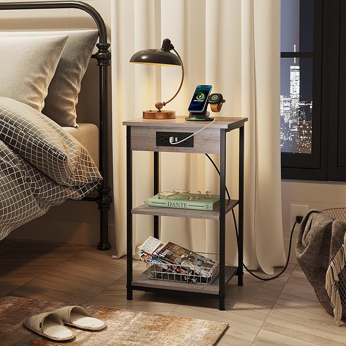 WLIVE End Table with Charging Station, Small Night Stand with 3 Storage Shelves - Image 6