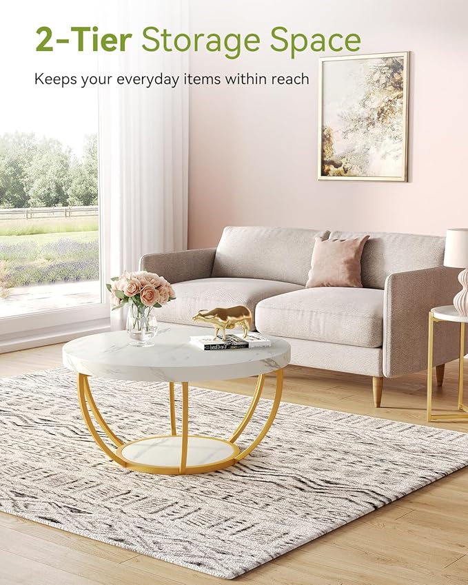 LITTLE TREE Round Coffee Table, 2-Tier Golden Metal Legs Accent Center Table - Image 4