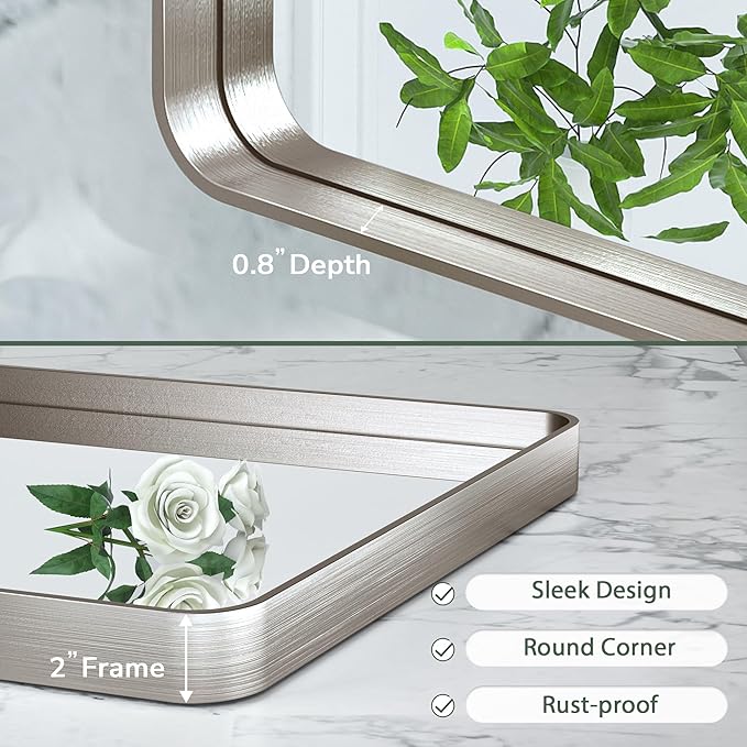 TokeShimi 24x36 Brushed Nickel Bathroom Wall Mirror Vanity Metal Frame Round - Image 4