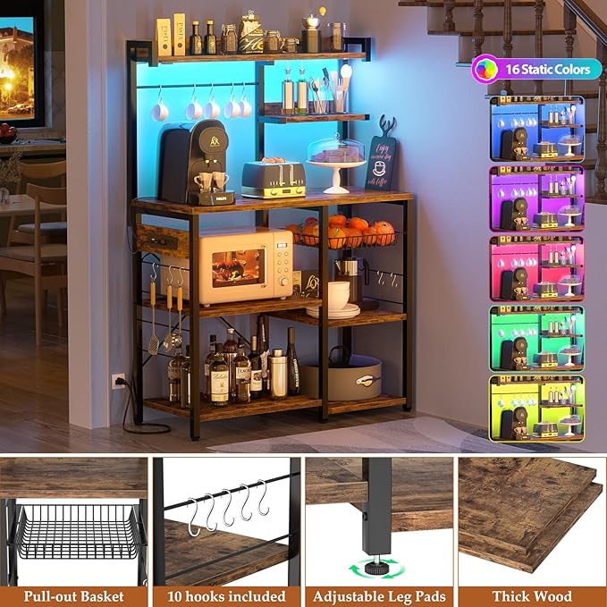 Aheaplus Bakers Rack with Power Outlet and LED Light Strings, Microwave Oven - Image 3