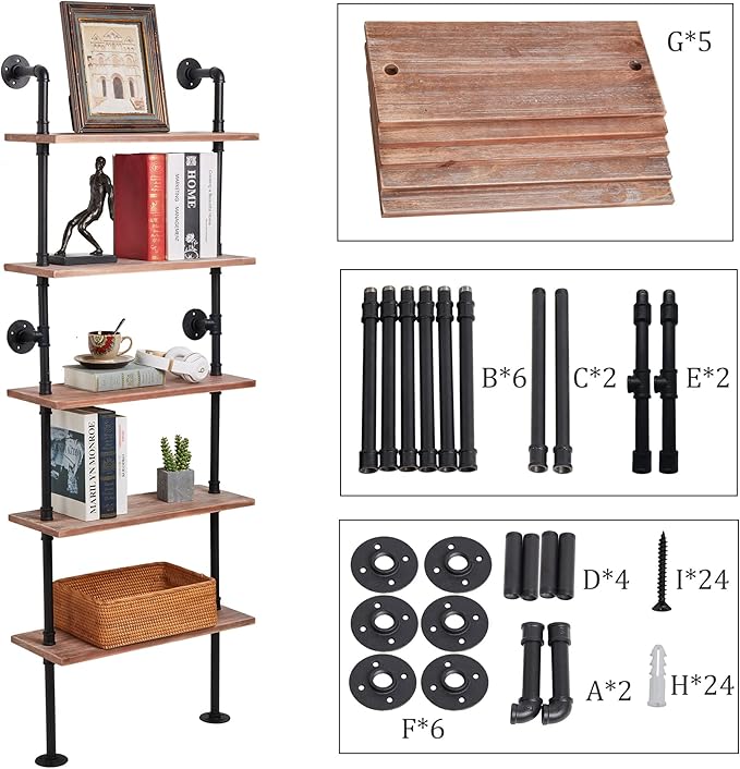 5 Tier Industrial Ladder Bookshelf, Wall Mounted Wood Metal Rustic Pipe Shelves - Image 4
