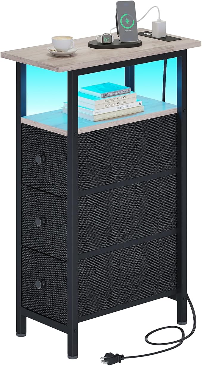 End Table with Charging Station, Narrow Side Table with 3 Fabric Drawers by TRIFEBLE