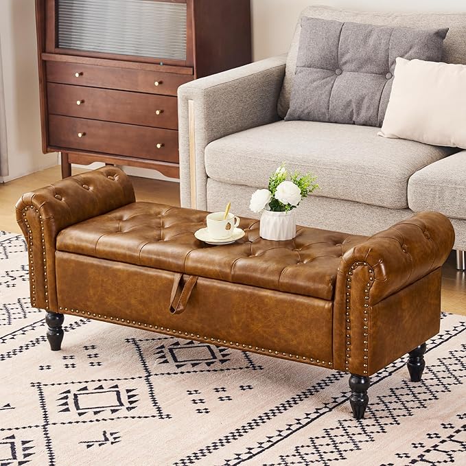 Furniliving Storage Ottoman Bench, Leather Benches End of Bed Bench - Image 8