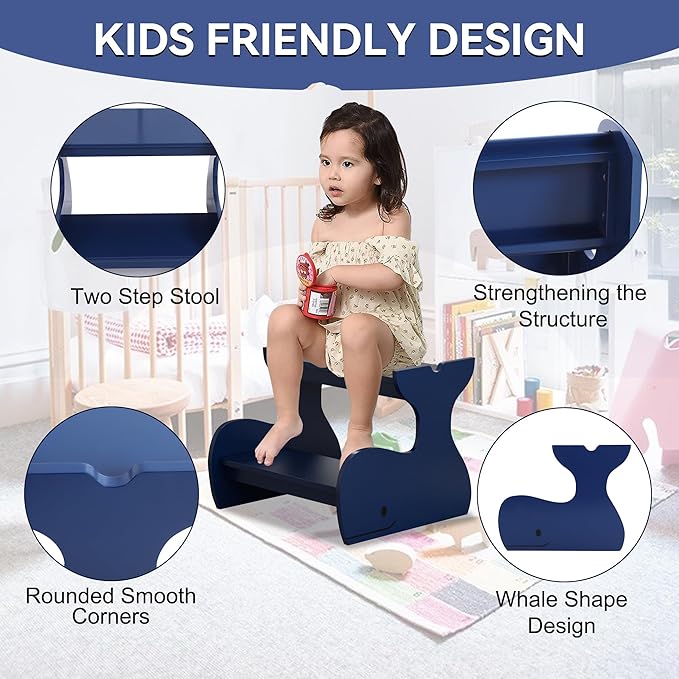 Wood Step Stools for Kids, Child Two Step Stool of Whale Shape, Toddler Step - Image 2