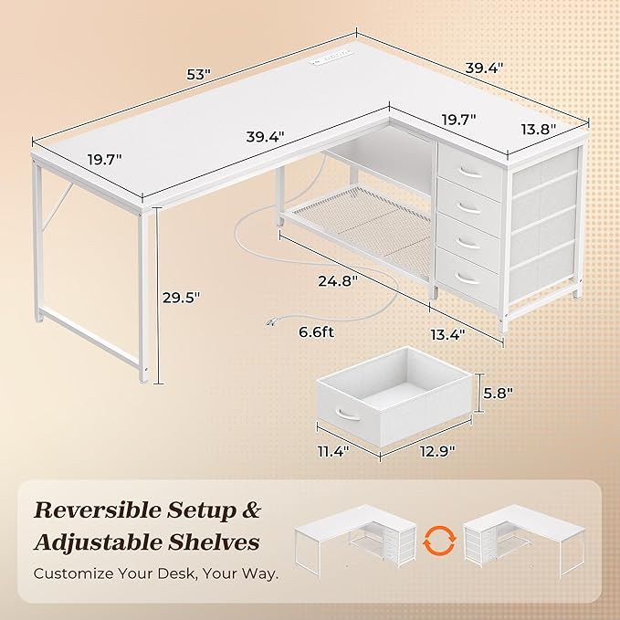 PRAISUN 53" L Shaped Desk with Power Outlets and USB-C Port, Reversible - Image 2