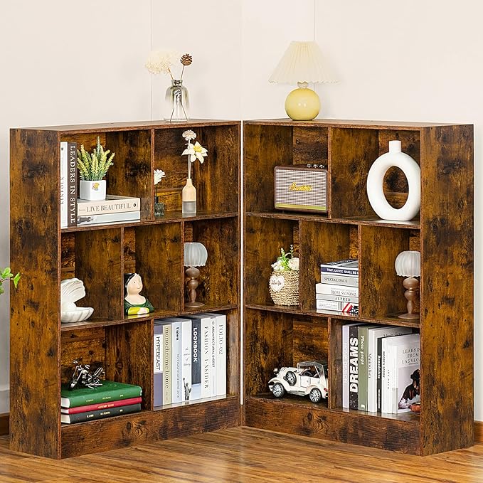 LEYAOYAO 7 Cube Bookshelf with Base, 3 Tier Mid-Century Modern Brown Bookcase - Image 8