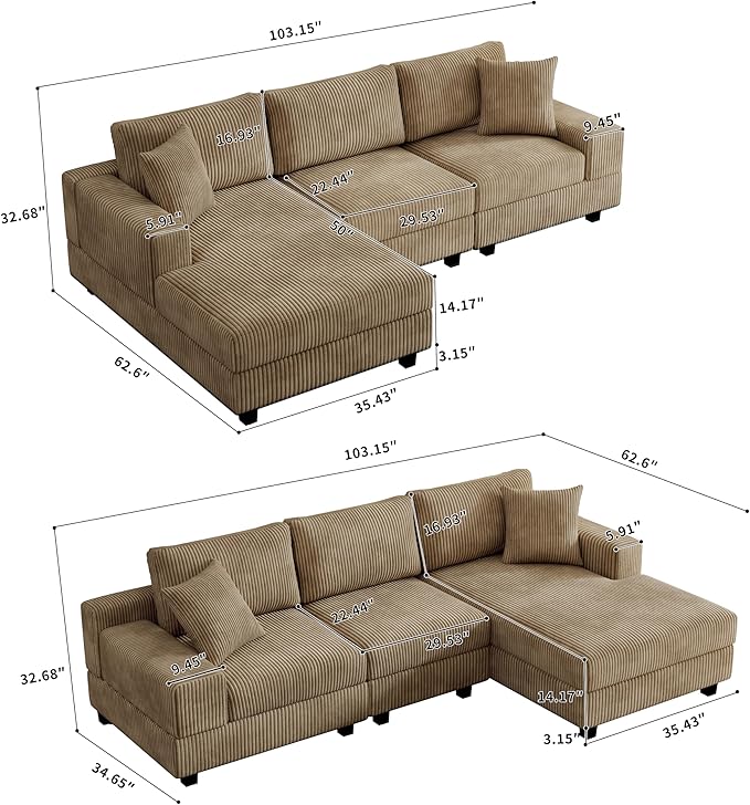 Eafurn Convertible L Shaped Modular Sectional Sofa Couch, 5 Seater Corduroy - Image 2