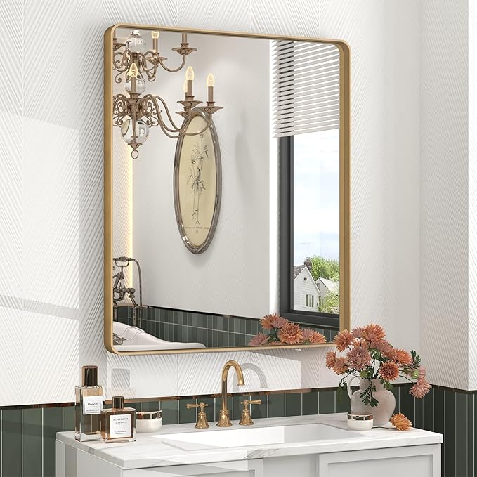 28x32 Gold Bathroom Mirror, Rounded Rectangle Gold Frame Mirror, Brushed Gold by CHARMOR
