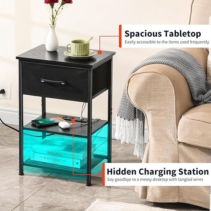 Nightstands Set of 2 with Charging Station and Drawer, End Table Side Table - Image 4