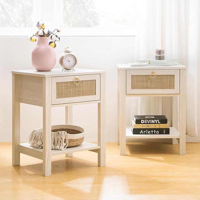 SICOTAS White Nightstand Set of 2, Rattan Decor Drawer - Image 2