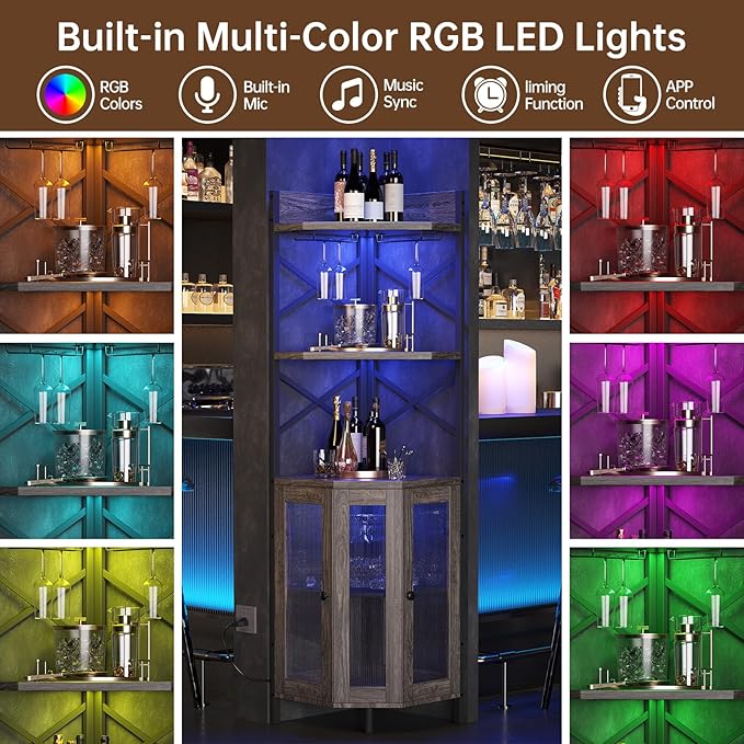 Corner Bar Cabinet with Power Outlet, 5-Tier Corner Wine Cabinet with Led Strip - Image 3