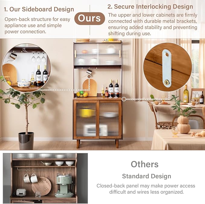 Tiita Kitchen Hutch with Countertop, 69” Rattan Solid Wood Pantry Cabinet with - Image 6