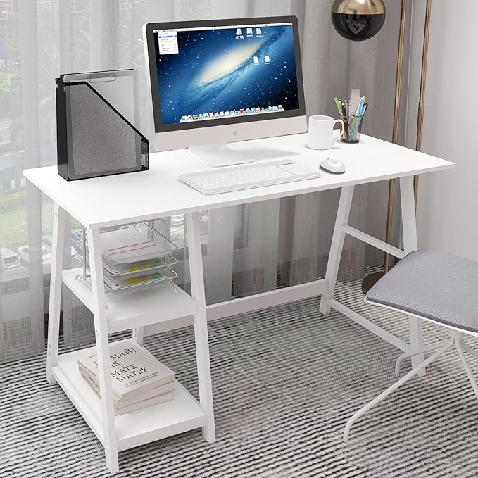 Natwind 47" White Desk with 2-Tier Storage Shelves, Home Office Computer Desk by Natwind