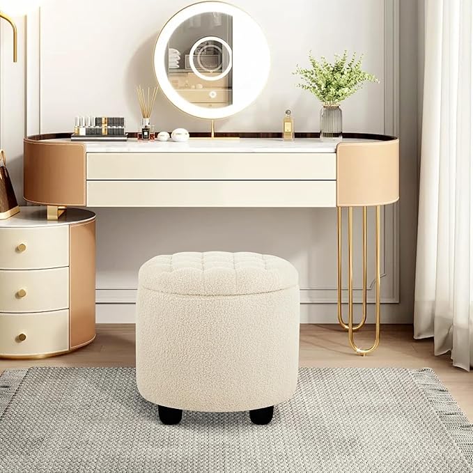 Furniliving Modern Round Storage Ottoman, Button Tufted Ottoman Foot Stools - Image 7
