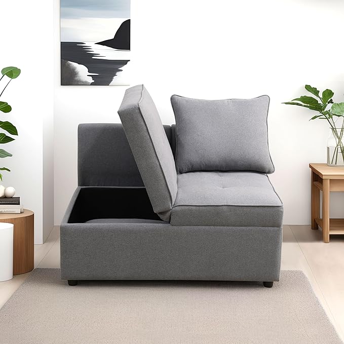 Convertible Ottoman Sofa with Storage, Modern Sackcloth Futon Couch with 2 by Unknown