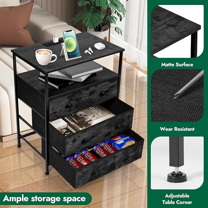 3 Drawers Dresser with Charging Station, 24 Inch Wide LED Night Stand with - Image 4
