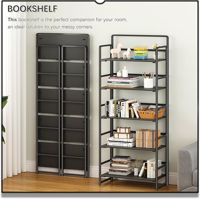 4NM No-Assembly 5 Tiers Folding Bookshelf Storage Shelves Vintage Bookcase - Image 3