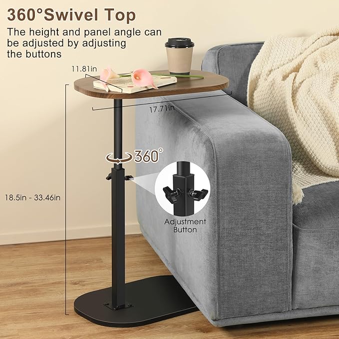 360° Swivel Top C Table for Small Place, Adiustable Height Couch Side Tables - Image 4