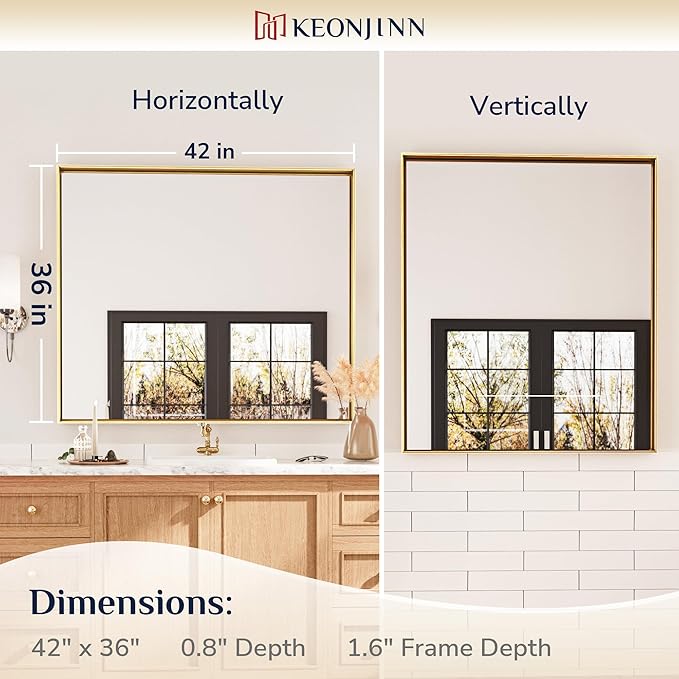 Keonjinn Brushed Gold Bathroom Mirror 42 x 36 Inch Metal Frame Rectangular - Image 7