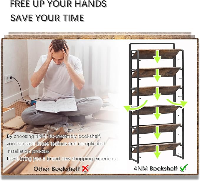 4NM No-Assembly 6 Tiers Folding Bookshelf Storage Shelves Vintage Bookcase - Image 7