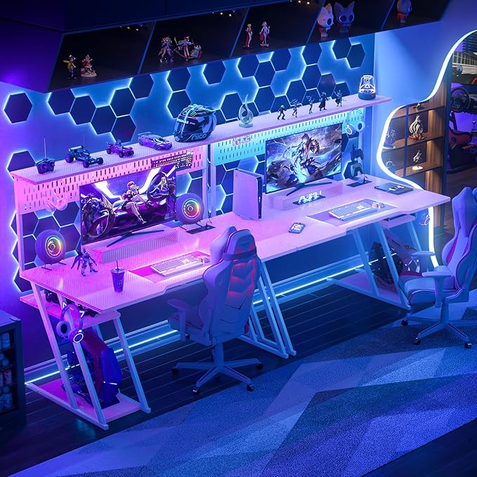 Armocity Pink Gaming Desk with Hutch and LED Lights, Reversible PC Gaming Desk - Image 6