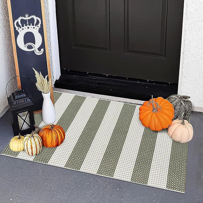 OJIA Fall Front Door Mat 24"x36" Halloween Doormat Striped Porch Rugs Checkered by OJIA