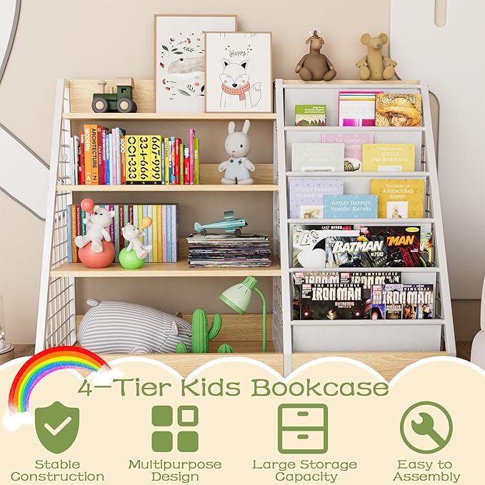 Kids Book Shelf, 4 Tier Wooden Bookshelf, 5 Layer Sling Children Bookcase - Image 4