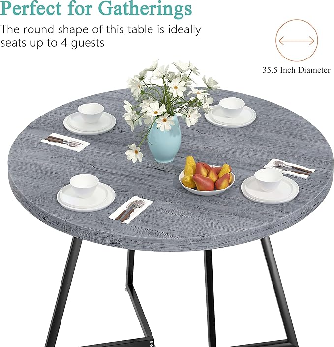 VECELO 35" Round Dining Table for 4, Wood-Grain Tabletop & Heavy-Duty Steel - Image 3