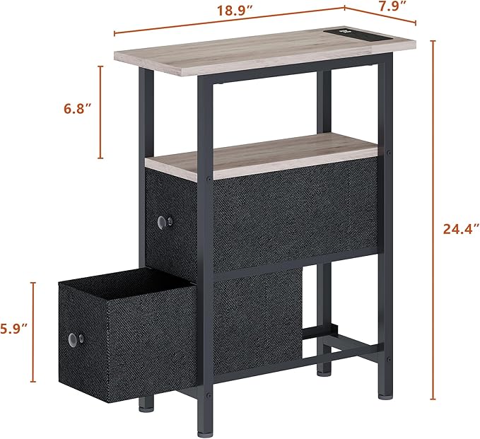 End Table Set 2 with Charging Station, Narrow Side Table with 2 Fabric Drawers - Image 3