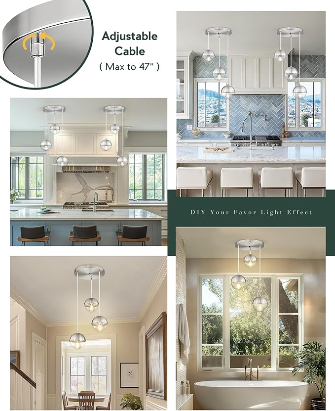 LMS Modern Brushed Nickel 3-Light Cluster Pendant Lights, Mid Century Pendant - Image 5