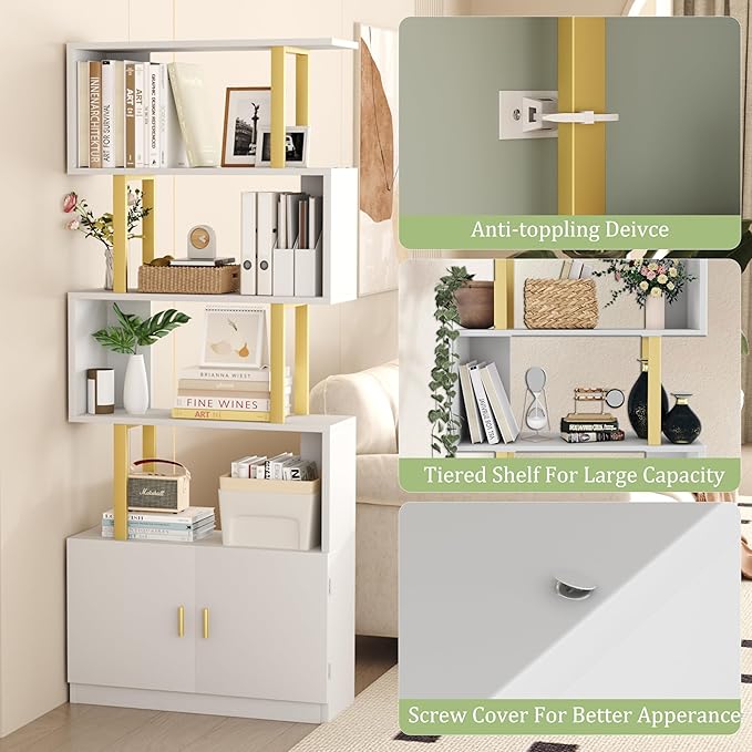 Yusong Geometric Bookcase with Cabinet, S Shaped Bookshelf 5-Tier Book Shelves - Image 6