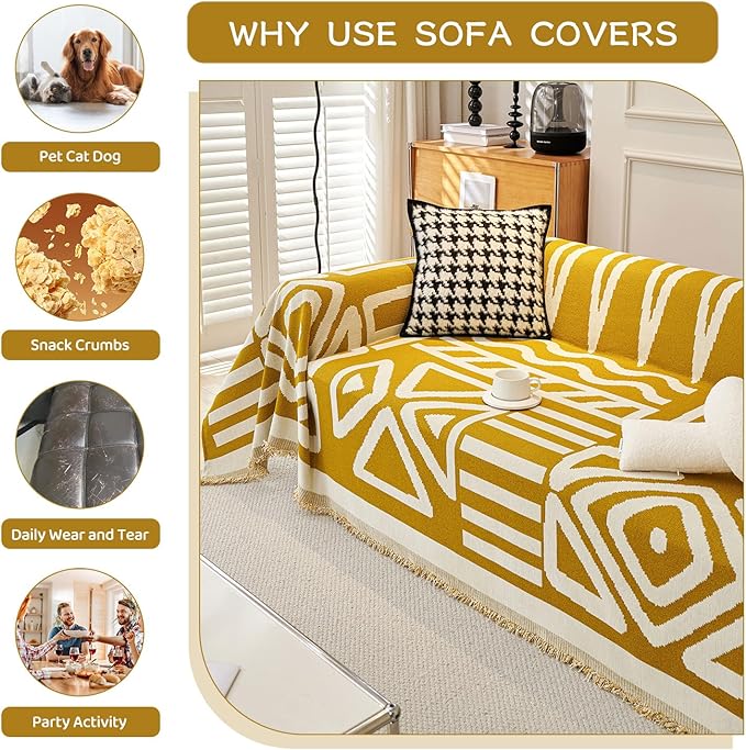 STACYPIK Boho Chenille Couch Cover, Ginger Yellow Sofa Cover - Image 5