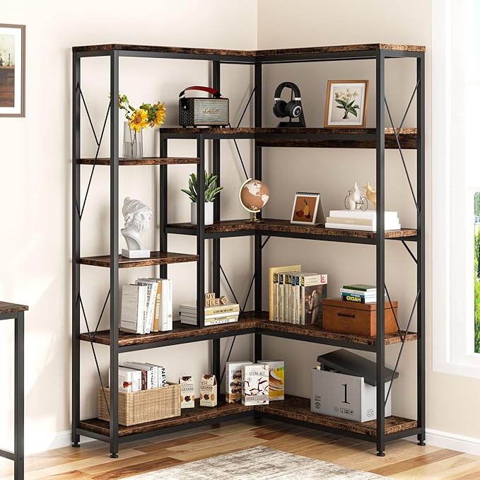 Shintenchi 5 Tiers Corner Bookshelf, 70.86" Tall L-Shaped Bookcase, Large - Image 2