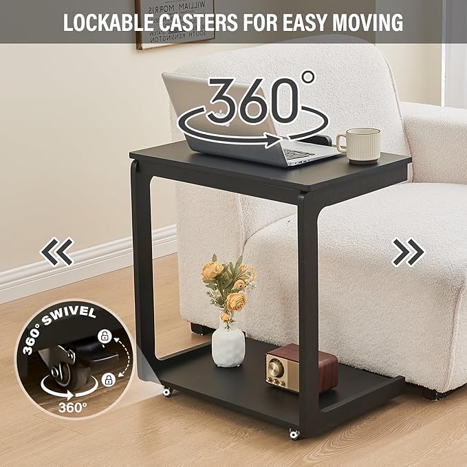 CozyDH Adjustable C Shaped End Table, Rolling Side Table Solid Wood TV Sofa - Image 3