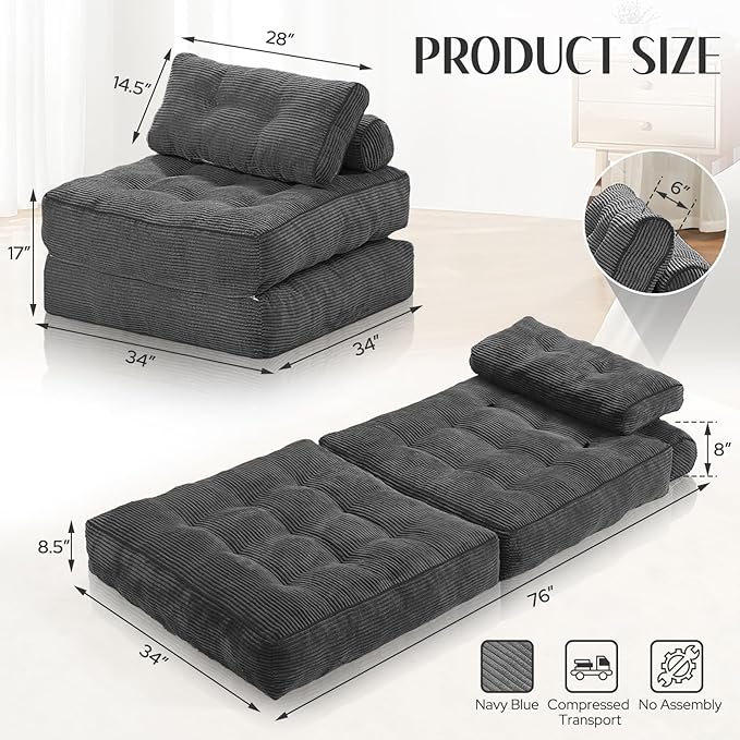 HABUTWAY Folding Sofa Bed, Convertible Sleeper Chair Bed w/Dual-Pillow & Handle - Image 2