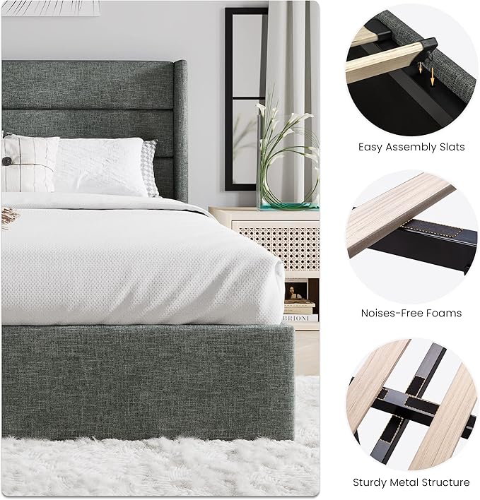 SHA CERLIN Queen Size Lift Up Storage Bed/Modern Wingback Headboard/Upholstered - Image 5