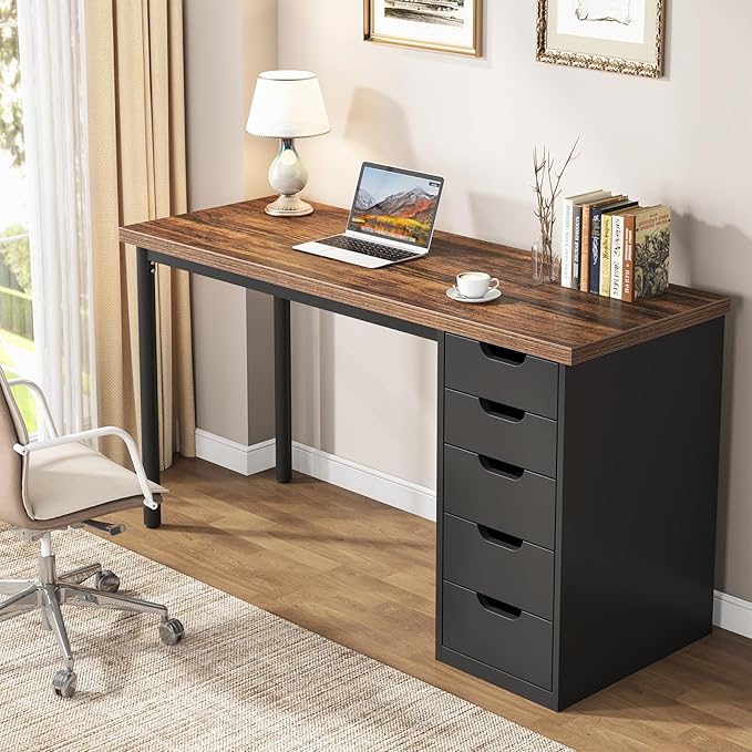 Tribesigns Computer Desk with 5 Drawers, 47 inches Rustic Brown Home Office - Image 5