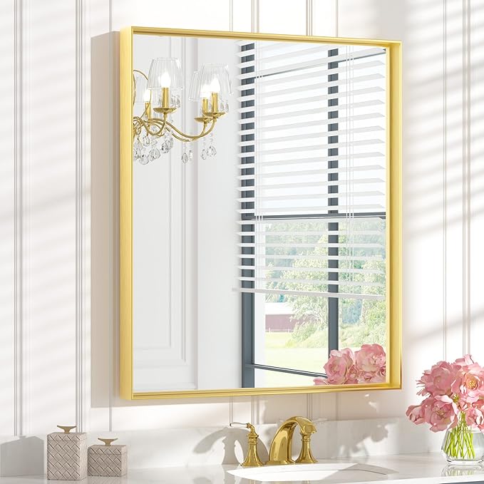 Keonjinn 30 x 36 Inch Brushed Gold Bathroom Mirror Metal Framed Rectangle Wall by Keonjinn