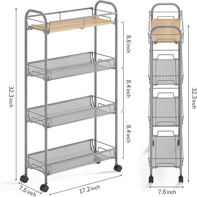 KINGRACK Metal Slim Rolling Cart, 4-Tier Metal Utility Cart, Storage Cart - Image 8