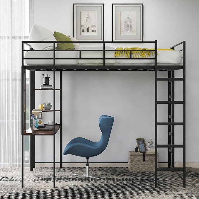 Full Size Metal Loft Bed with 2 Storage Shelves and 1 Desk, Steel Structure Bed by Favfurish