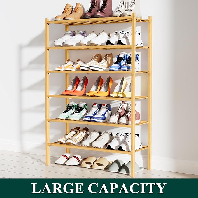 Smiry Shoe Rack, 6 Tier Bamboo Shoe Organizer, Stackable Free Standing Wooden - Image 5
