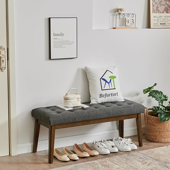 End of Bed Bedroom Bench, Linen Upholstered Tufted Bench - Image 4