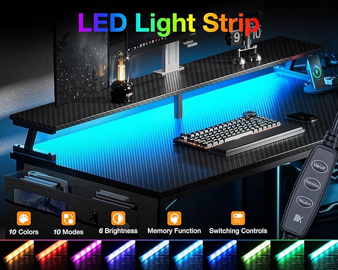 ODK 40 Inch Gaming Desk with USB Power Outlets and LED Lights, Reversible L - Image 4