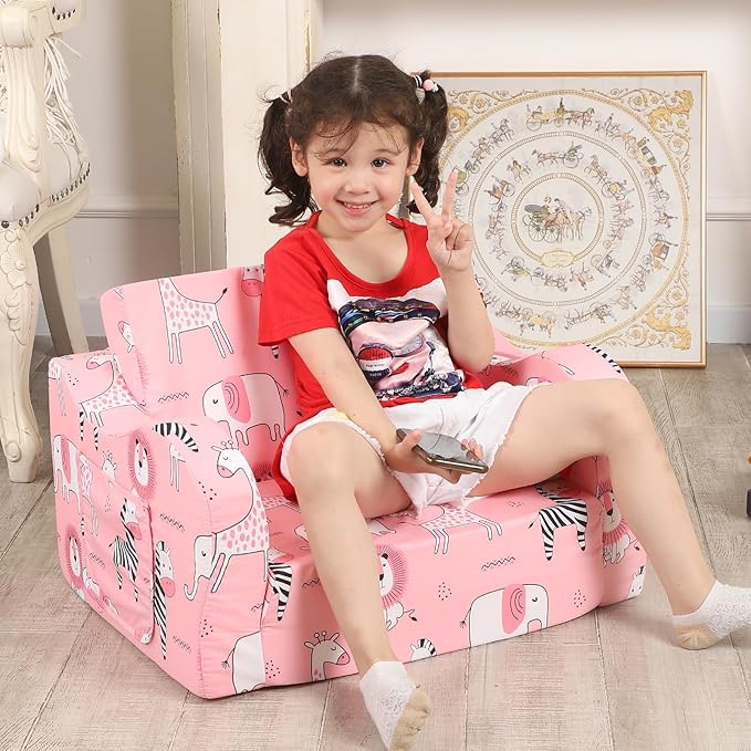 Pink Kids Sofa, 2-in-1 Kids Couch Fold Out, Convertible Sofa to Bed - Image 4